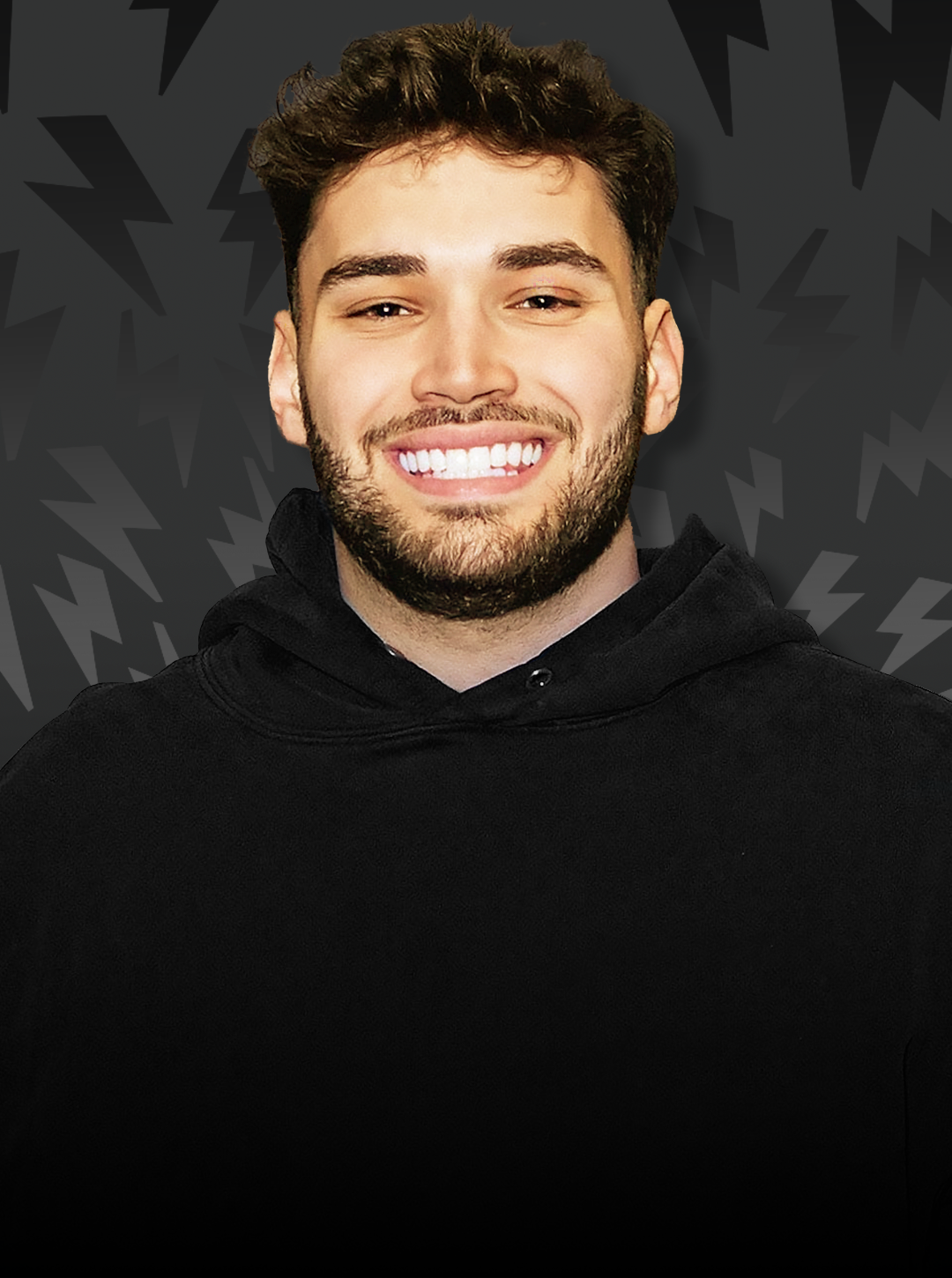 Adin Ross smiling black hoodie lightning bolt background