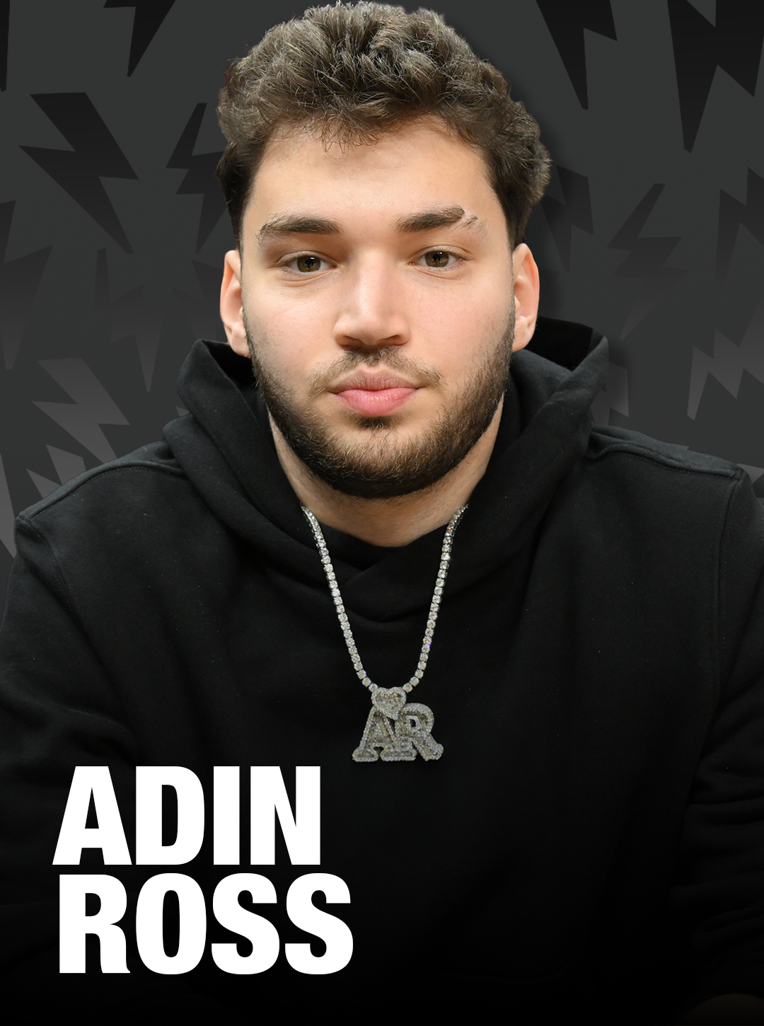 Adin Ross black hoodie silver chain lightning bolt background