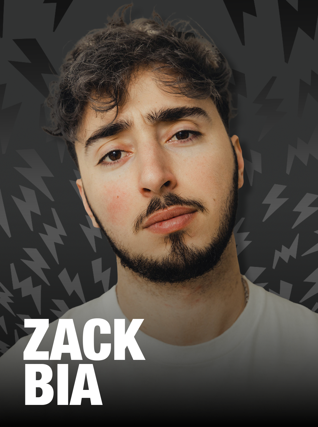 Man with a beard and mustache against a dark background with lightning bolt patterns, featuring the name 'Zack Bia'.