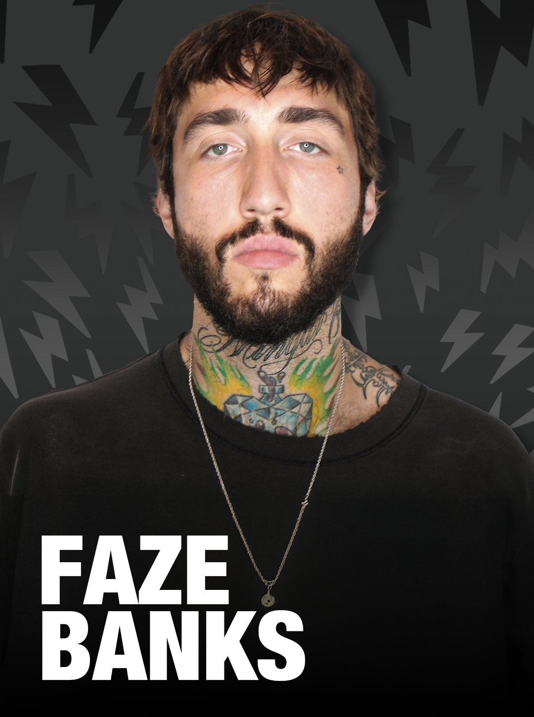 Man with tattoos and a beard against a dark background with 'FAZE BANKS' text.