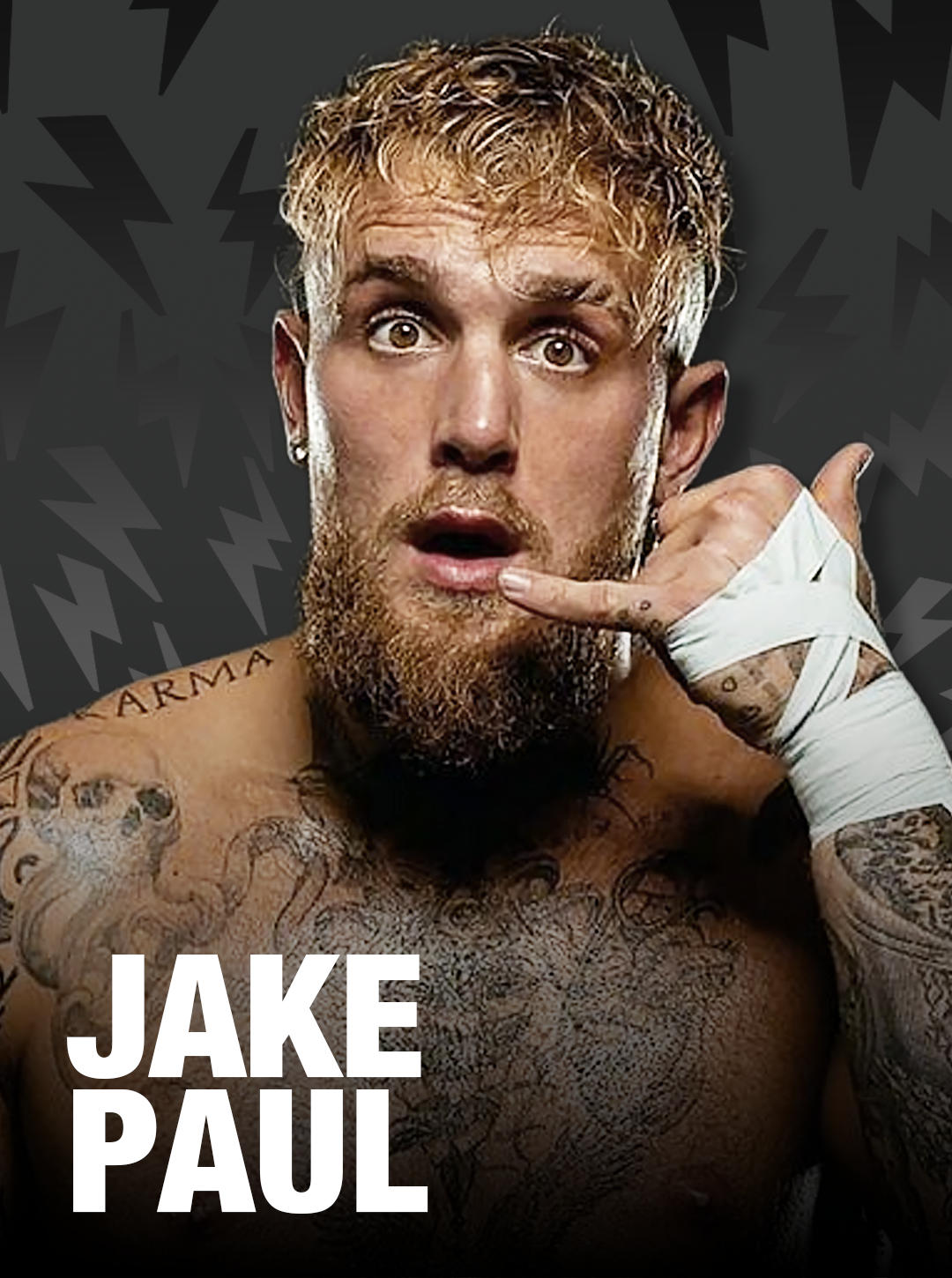 Man with tattoos and boxing gloves pointing to his face, with 'Jake Paul' text on a dark background