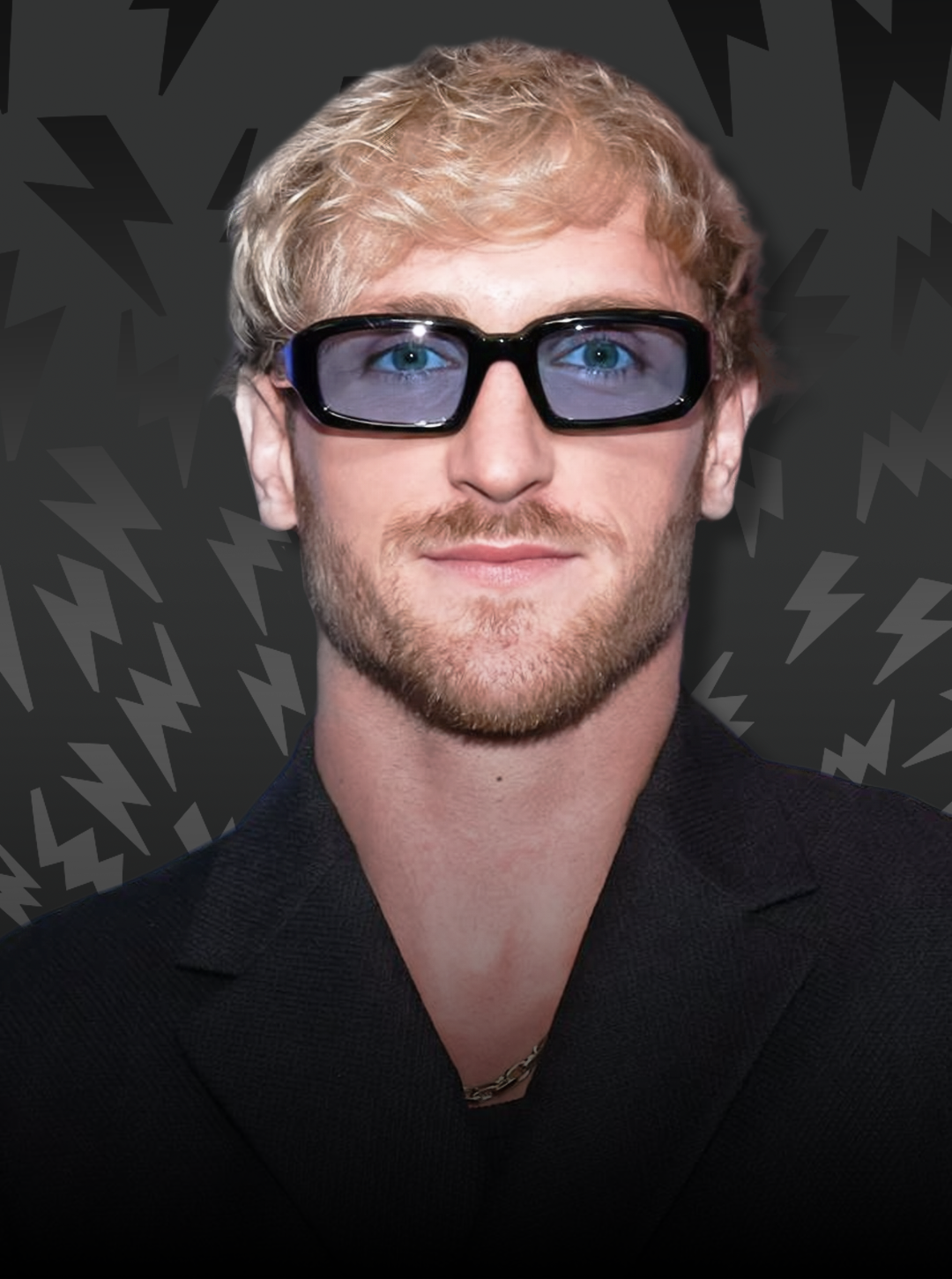 Person wearing black sunglasses with a dark background featuring abstract shapes