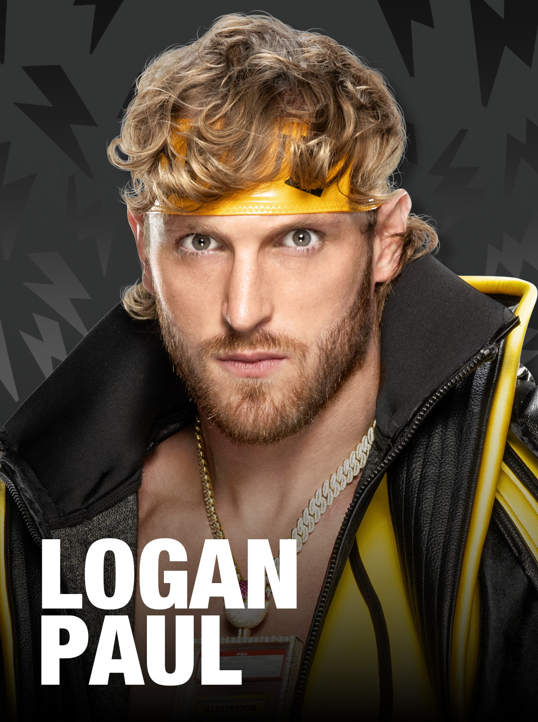 Person wearing a yellow headband and black jacket with 'Logan Paul' text on a dark background