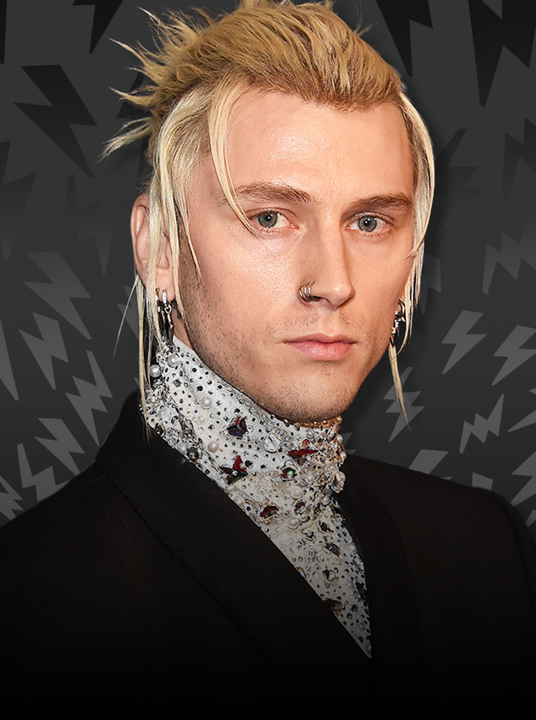 Person with blonde hair and a decorative scarf against a dark background with lightning bolt patterns
