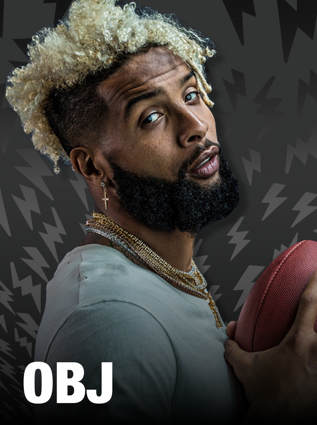 Man holding a football with a dark background and 'OBJ' branding