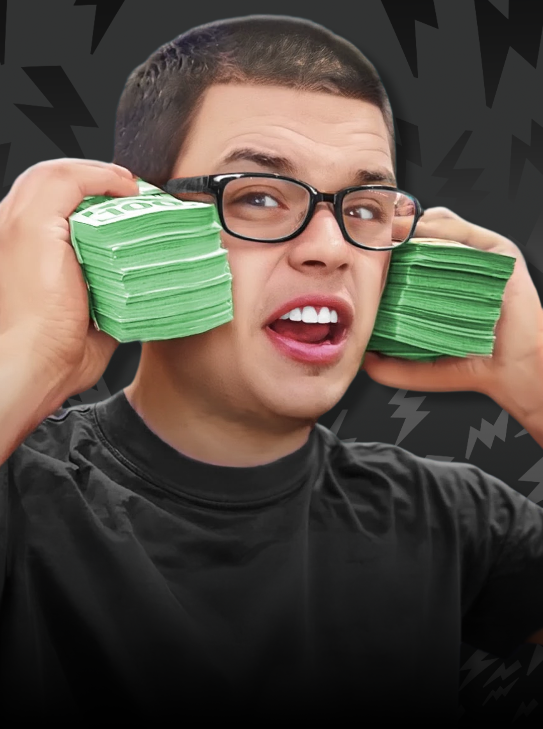 Person holding stacks of green money in front of their face against a dark background