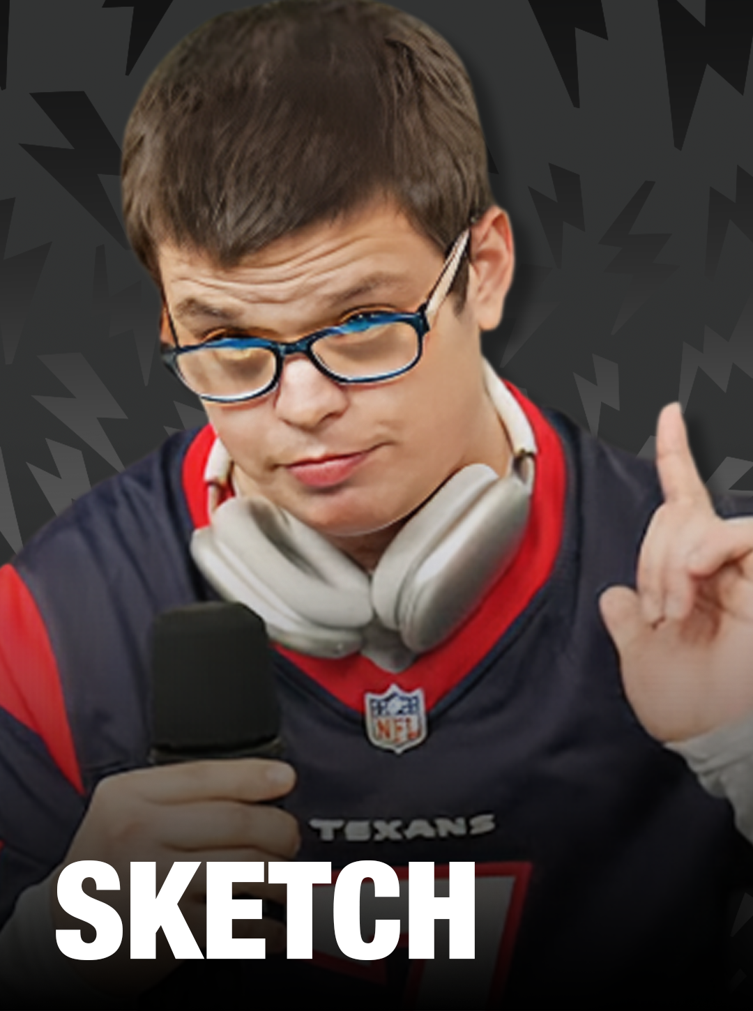 Person wearing a Houston Texans jersey with a microphone and 'Sketch' text on a dark background