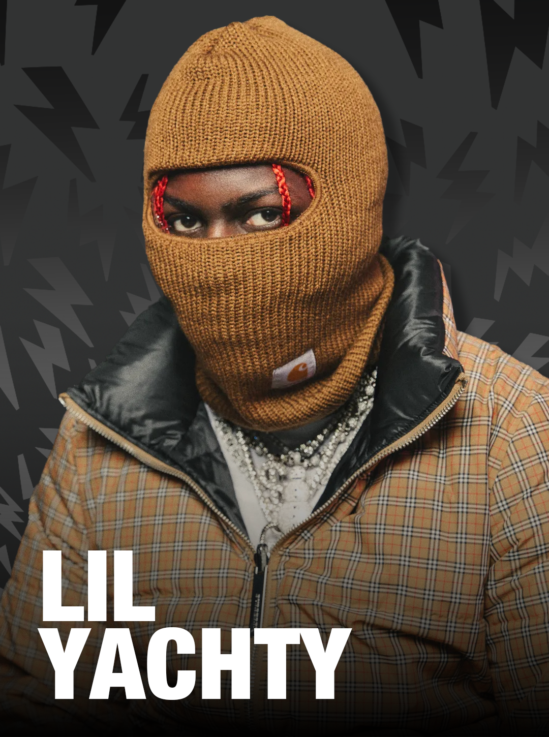 Person wearing a brown balaclava and plaid jacket with 'LIL YACHTY' text on a dark background