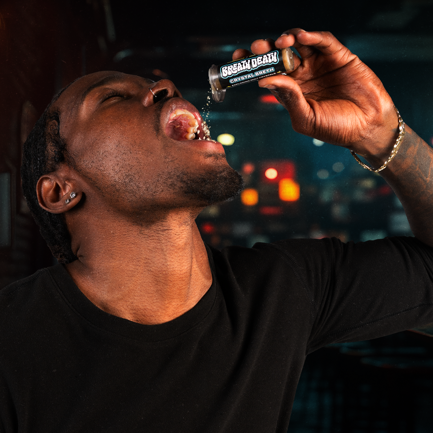 Person drinking from a 'Scream Death' bottle with a dark, blurred background