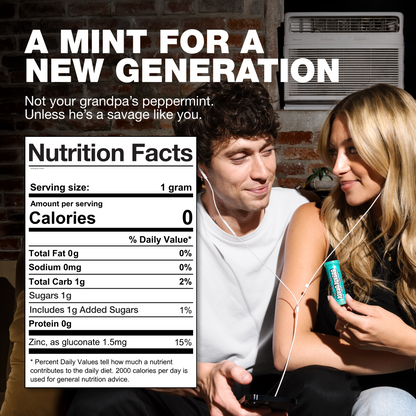 A Mint for a New Generation – Nutrition Facts and a Couple Sitting on couch, sharing headphones, holding Crystal Breth Spearmint Product.