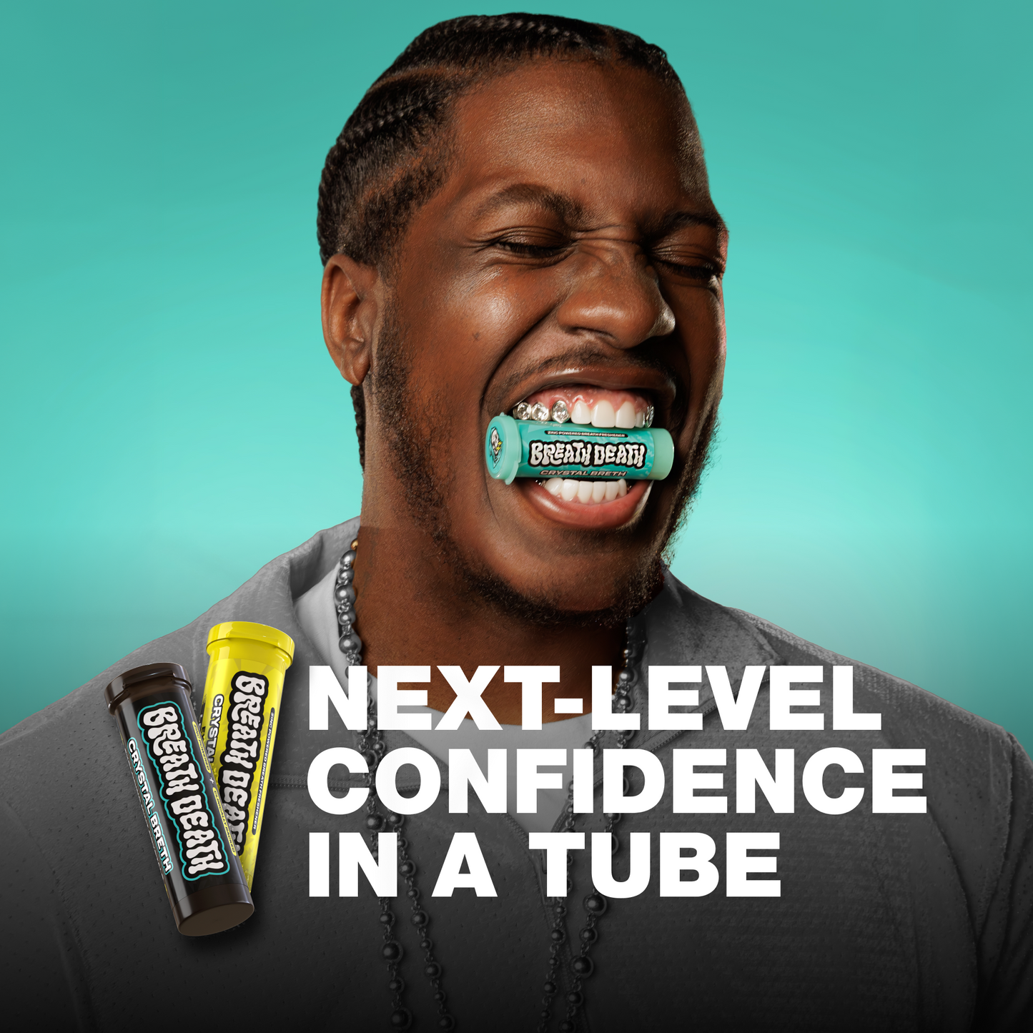 Image of LIl Yachty with Mint Tube in mouth with text that reads "Next-Level Confidence in a tube".