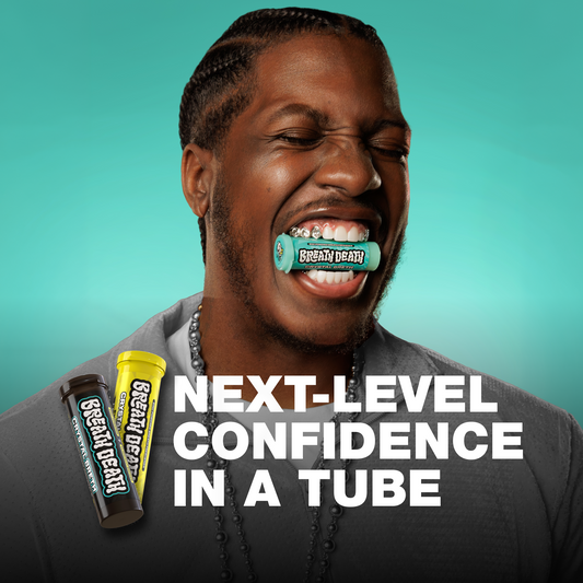 Image of LIl Yachty with Mint Tube in mouth with text that reads "Next-Level Confidence in a tube".