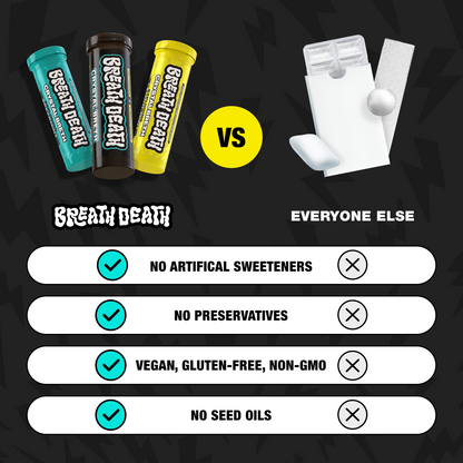 comparing breath death exploding mints to other mints and gum. No artificial sweeteners, no preservatives, vegan gluten-free non-gmo, no seed oils.