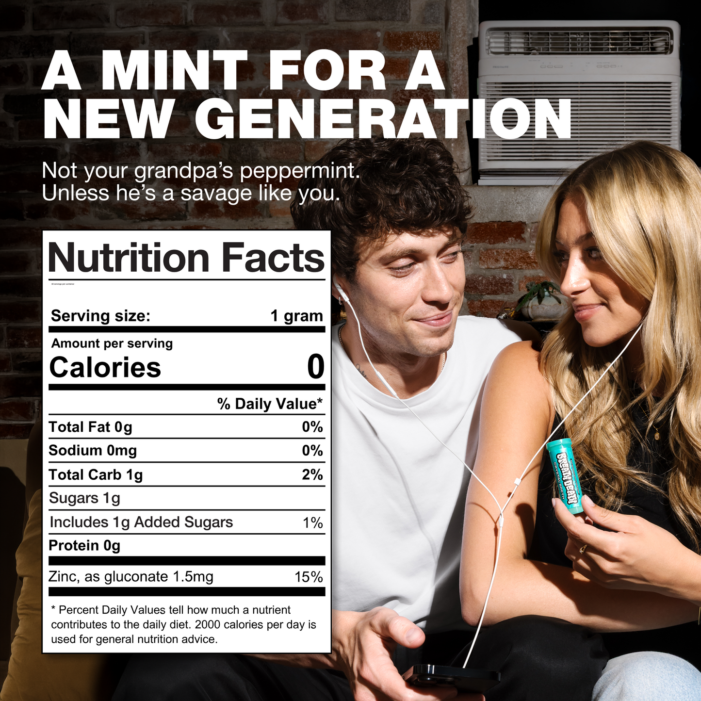 A lifestyle advertisement for a mint gum product. A man and a woman are shown sitting together with earphones, smiling and looking at a phone.