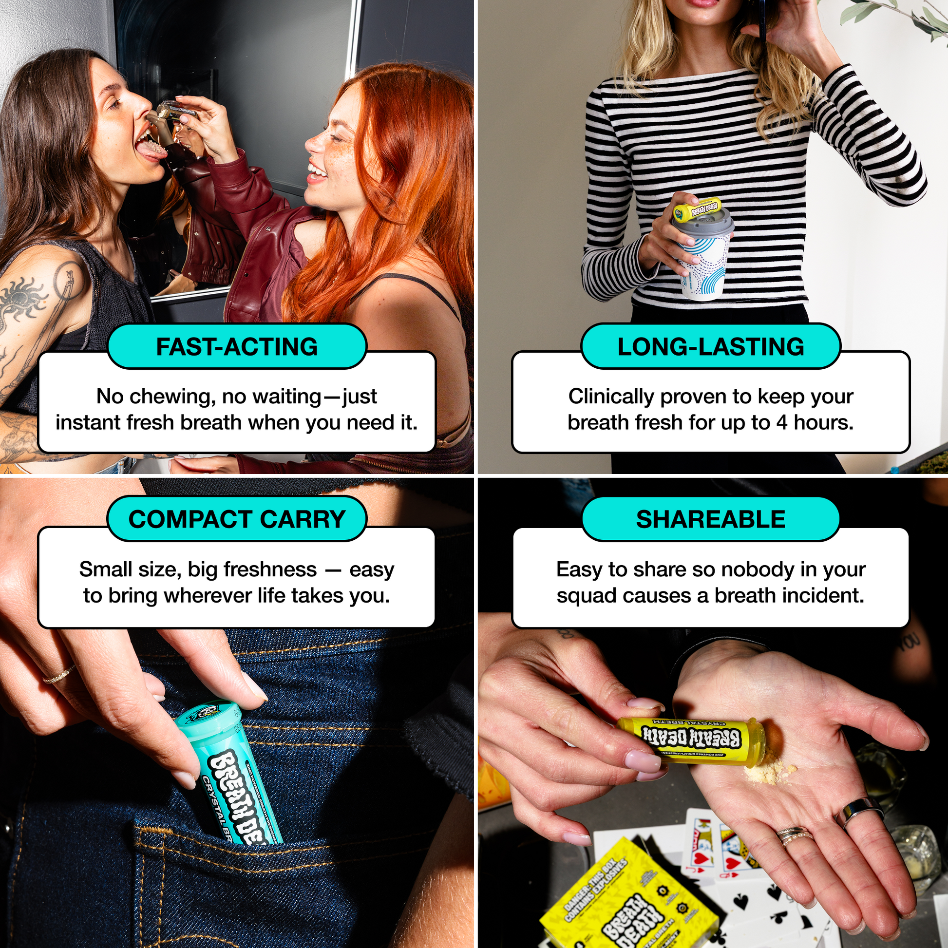 images of people using exploding mints with categories labeled fast acting, long lasting, compact carry, sharable. 