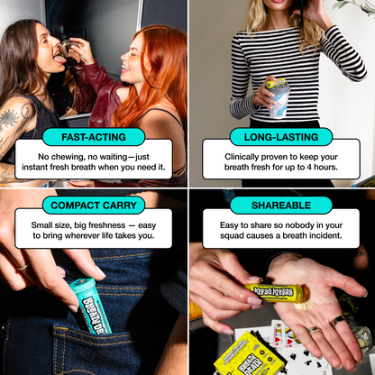 images of people using exploding mints with categories labeled fast acting, long lasting, compact carry, sharable. 