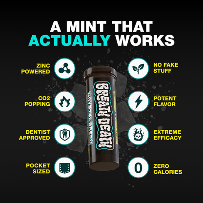an image of a tube of exploding mints with core callouts. zinc powered, no fake stuff, co2 popping, potent flavor, dentist approved, extreme efficacy, pocked sized, zero calories. headline reads a mint that actually works.