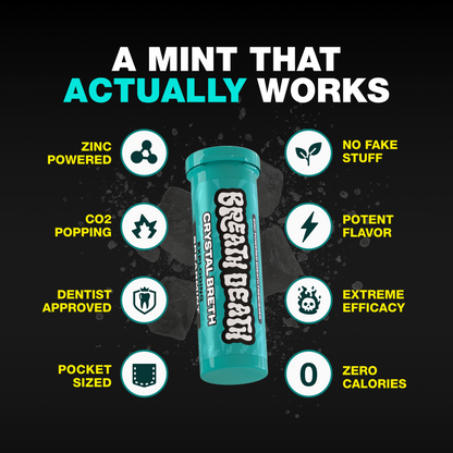 Breath Death spearmint flavor container with text highlighting features on a black background