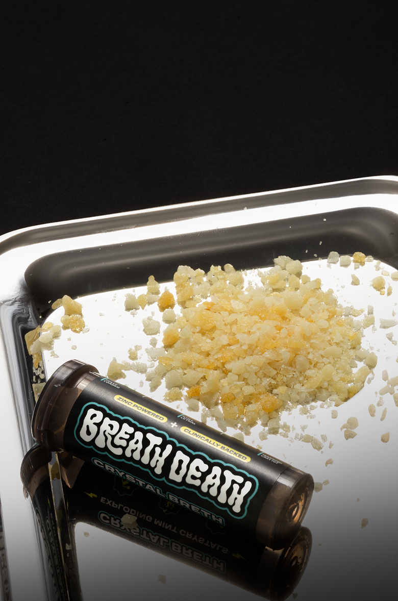 Breath Death Crystal Breth crystals tube in tray on black background