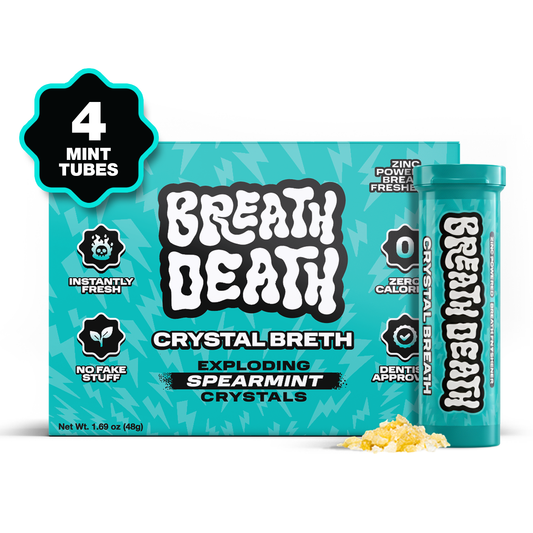 Packaging of Spearmint flavor Breath Death crystal breath with mint tubes on a white background
