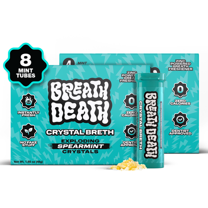 Breath Death crystal breath spearmint flavor product packaging with mint tubes on a white background