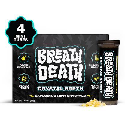 Breath Death Crystal Breth packaging with a mint tube on a white background