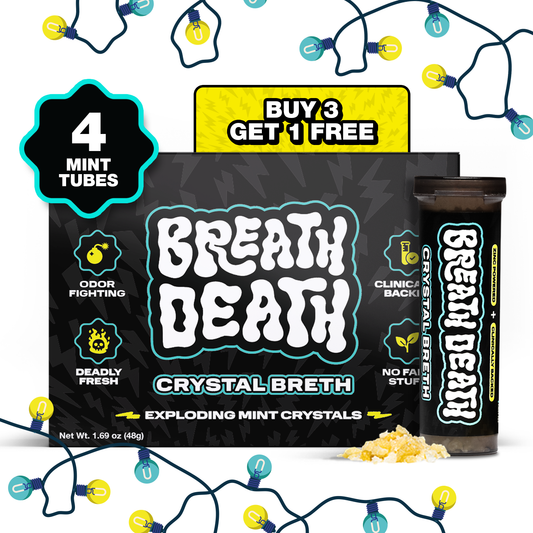 Breath Death Crystal Breth packaging with a mint tube on a white background