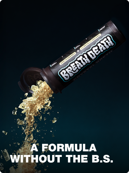 Breath Death product with gold powder spilling out on a dark background