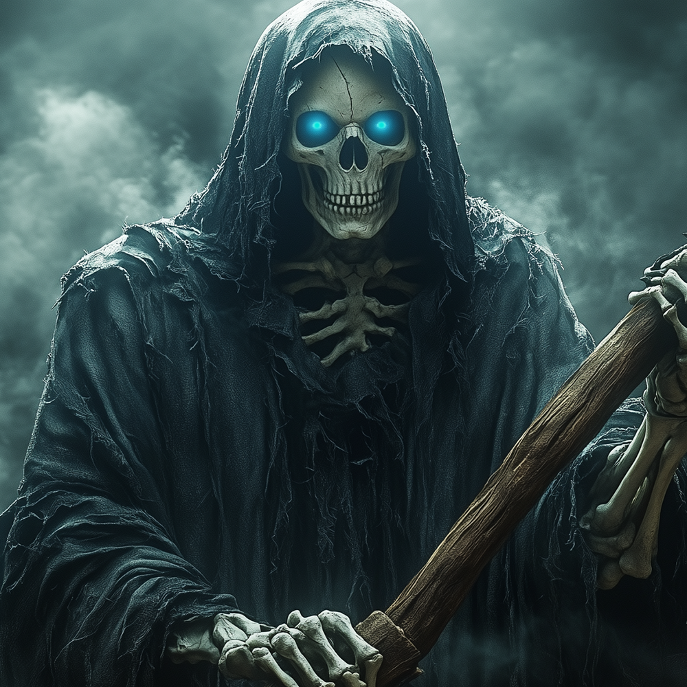 grim reaper holding scythe smoky background