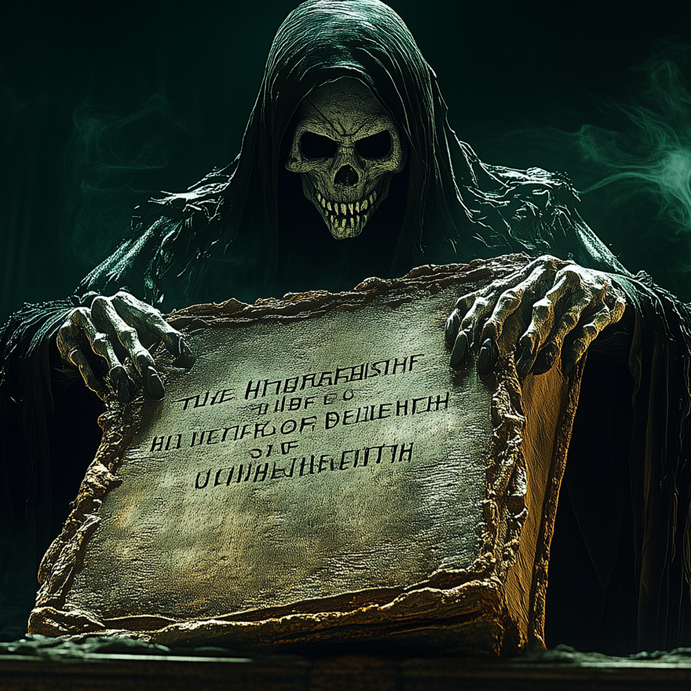grim reaper holding an old table with writing dark library with candles