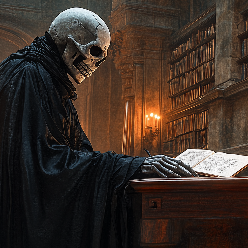 grim reaper at a desk reading a book candle lit room