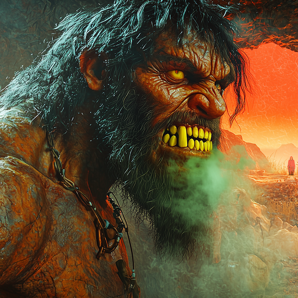 caveman in cave with other Neanderthals sunset breathing green breath 