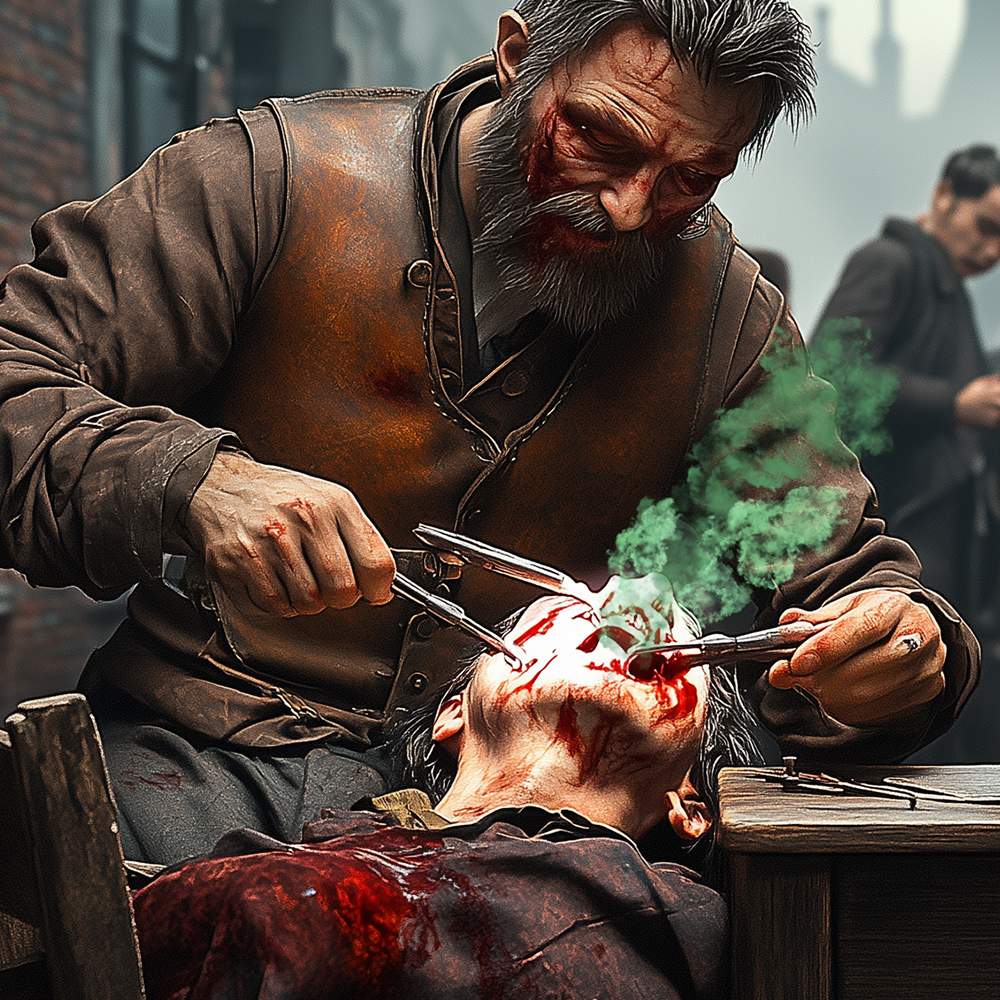 old times street man pulling teeth in front of a gathered crowd