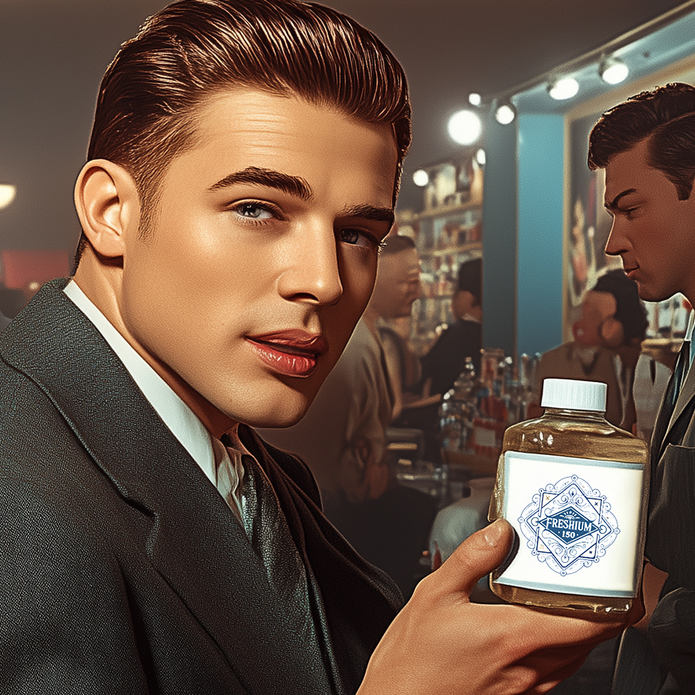vintage man showing a bottle of product wearing a suite in a store