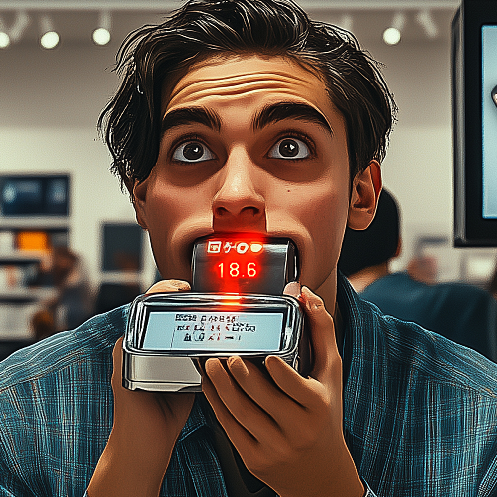 man in new age tech store using a digital breathalyzer device