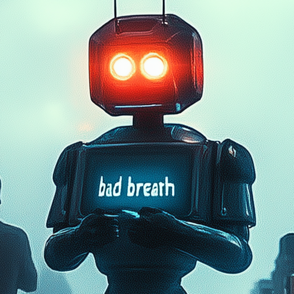 hazy dark lit street with robots holding signs humans reading