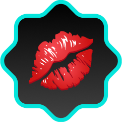 Red lips graphic on a black background with a blue border