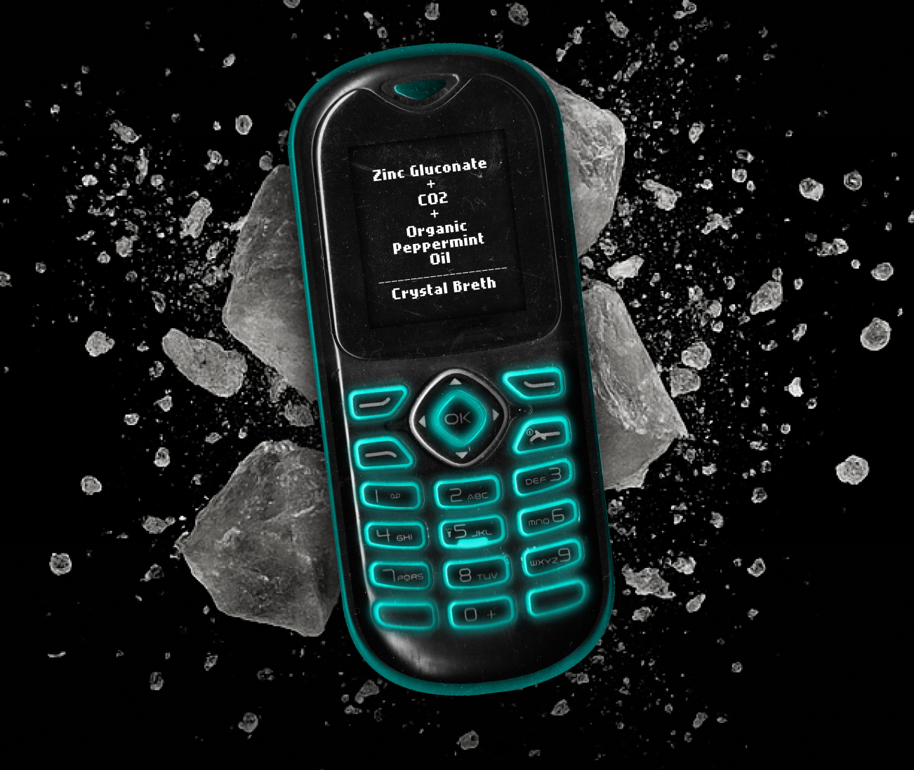 Mobile phone on crystals with text zinc gluconate + co2 + organic peppermint oil = Crystal Breth