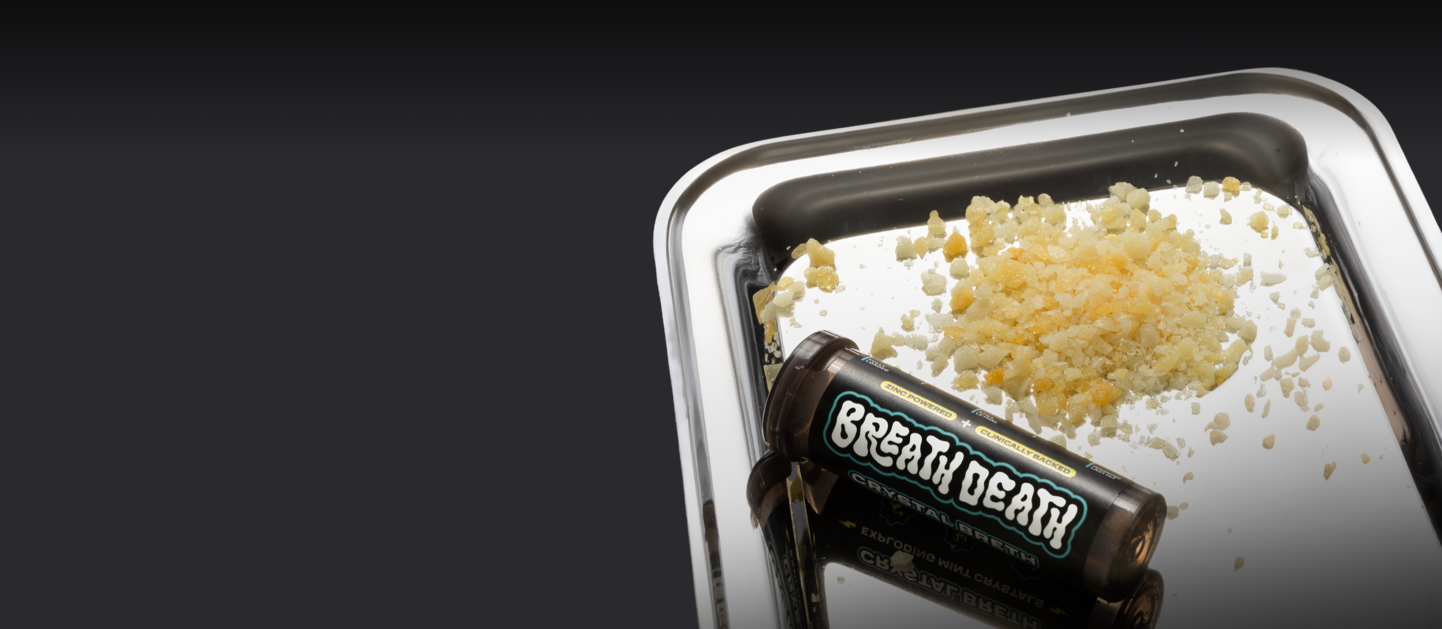 Breath Death Crystal Breth crystals tube in tray on black background